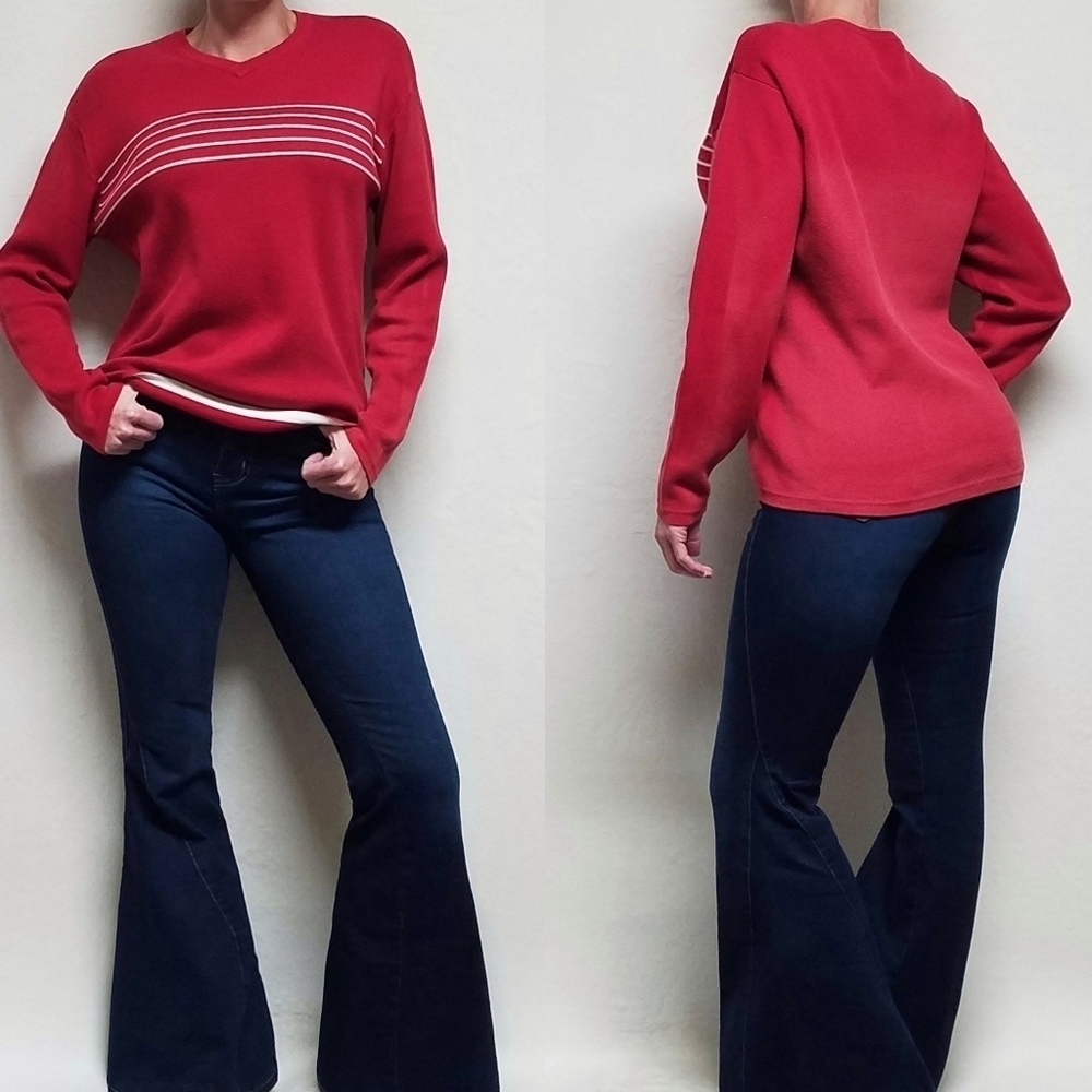 90s Vintage Aeropostale Faded Red Knit Four Stripe V-neck Long Sleeve Sweater S